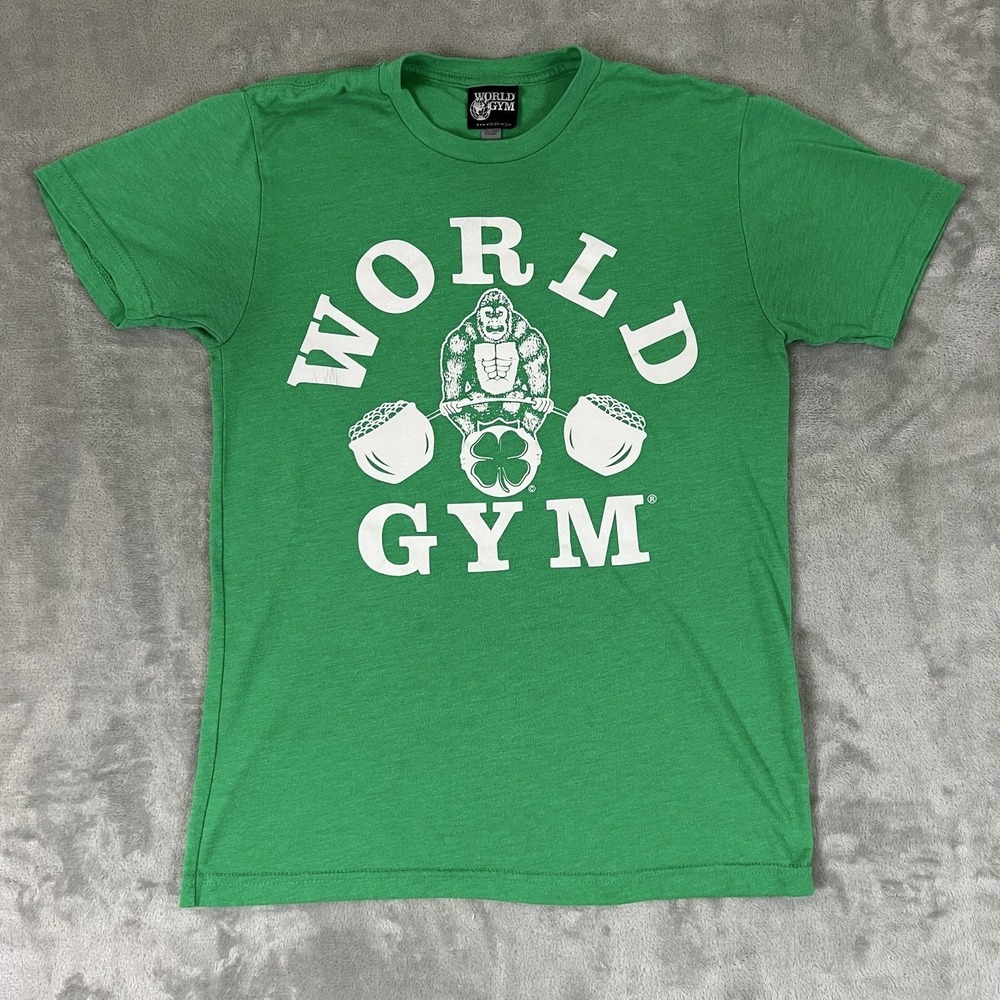 World Gym Shirt Mens Small Green Shamrock Gorilla Beer Mugs Clover 90's